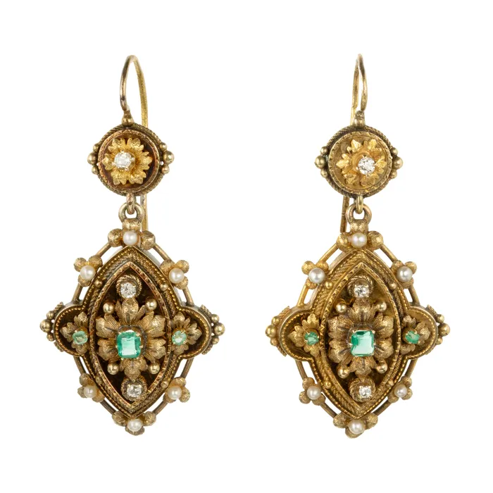 Earrings 19th Century Emerald and Diamond Earrings Bell Bird Antiques