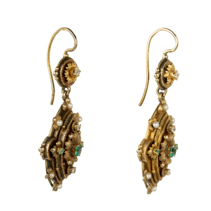 Earrings 19th Century Emerald and Diamond Earrings Bell Bird Antiques