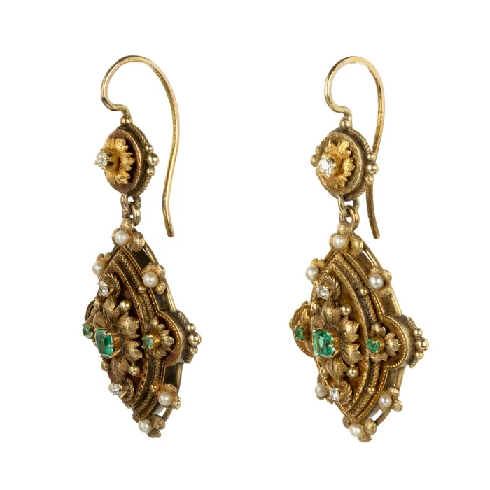 Earrings 19th Century Emerald and Diamond Earrings Bell Bird Antiques