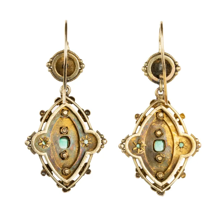 Earrings 19th Century Emerald and Diamond Earrings Bell Bird Antiques
