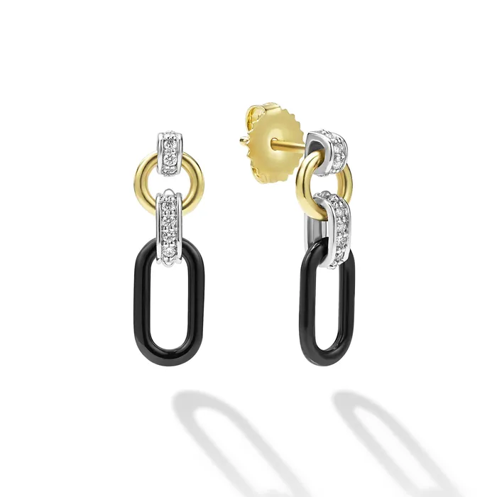 Earrings LAGOS Signature Caviar Small 18K Gold and Black Ceramic Diamond Link Drop Earrings Earrings LAGOS Signature Caviar Small 18K Gold and Black Ceramic Diamond Link Drop Earrings