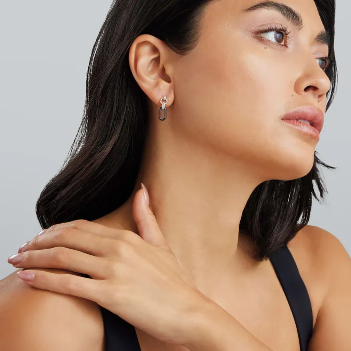 Earrings LAGOS Signature Caviar Small 18K Gold and Black Ceramic Diamond Link Drop Earrings