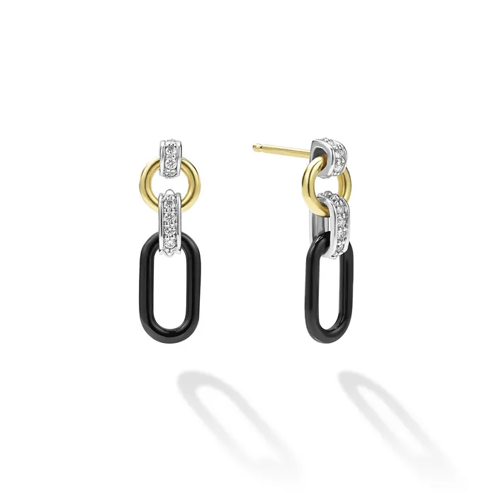Earrings LAGOS Signature Caviar Small 18K Gold and Black Ceramic Diamond Link Drop Earrings