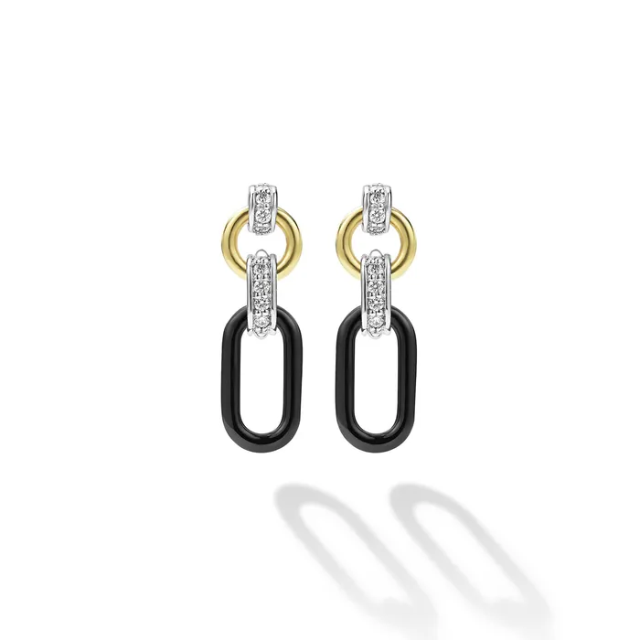 Earrings LAGOS Signature Caviar Small 18K Gold and Black Ceramic Diamond Link Drop Earrings