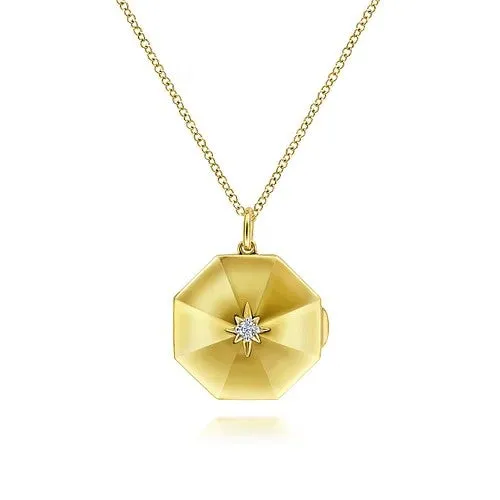 GABRIEL CO Necklaces 14K Yellow Gold Octagonal Locket Necklace with Diamond Star Center GABRIEL CO Necklaces 14K Yellow Gold Octagonal Locket Necklace with Diamond Star Center