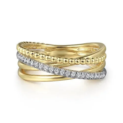 GABRIEL CO Rings 14K White and Yellow Gold Diamond Criss Cross Bujukan Ladies Ring GABRIEL CO Rings 14K White and Yellow Gold Diamond Criss Cross Bujukan Ladies Ring