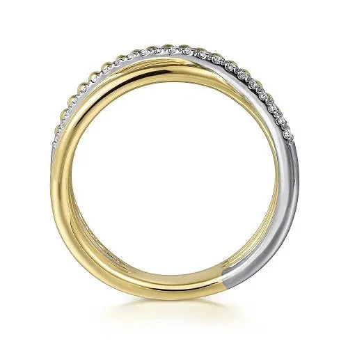 GABRIEL CO Rings 14K White and Yellow Gold Diamond Criss Cross Bujukan Ladies Ring GABRIEL CO Rings 14K White and Yellow Gold Diamond Criss Cross Bujukan Ladies Ring
