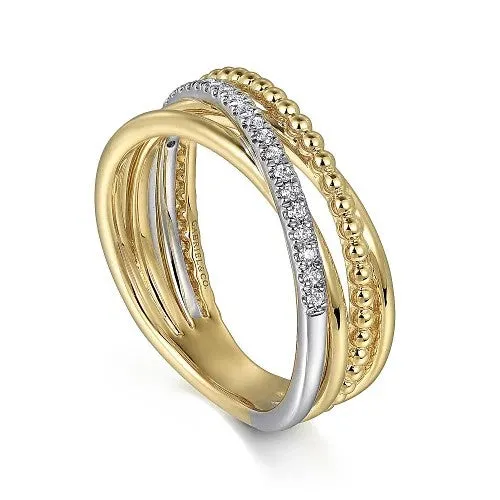 GABRIEL CO Rings 14K White and Yellow Gold Diamond Criss Cross Bujukan Ladies Ring GABRIEL CO Rings 14K White and Yellow Gold Diamond Criss Cross Bujukan Ladies Ring