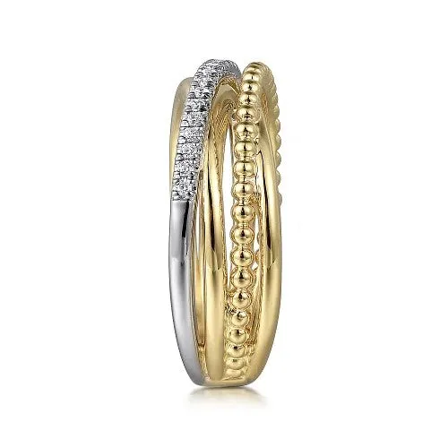 GABRIEL CO Rings 14K White and Yellow Gold Diamond Criss Cross Bujukan Ladies Ring GABRIEL CO Rings 14K White and Yellow Gold Diamond Criss Cross Bujukan Ladies Ring