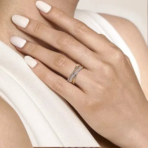 GABRIEL CO Rings 14K White and Yellow Gold Diamond Criss Cross Bujukan Ladies Ring GABRIEL CO Rings 14K White and Yellow Gold Diamond Criss Cross Bujukan Ladies Ring