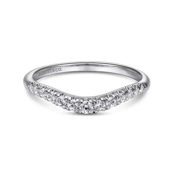 GABRIEL CO Rings Curved 14K White Gold French Pave Diamond Wedding Band