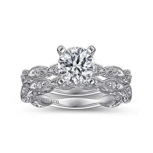 GABRIEL CO Rings Sadie Vintage Inspired 14K White Gold Round Diamond Engagement Ring Setting Only GABRIEL CO Rings Sadie Vintage Inspired 14K White Gold Round Diamond Engagement Ring Setting Only