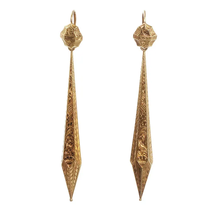 Georgian Era Torpedo Gold Earrings Bell Bird Antiques Earrings