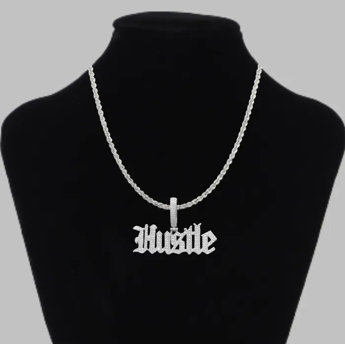 Hustle Iced Out Letter Diamond Pendant Necklace Hustle Necklaces