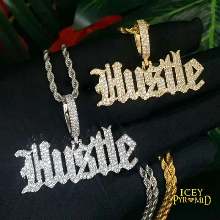 Hustle Iced Out Letter Diamond Pendant Necklace Hustle Necklaces