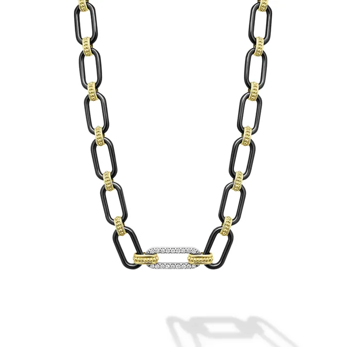LAGOS Necklaces Signature Caviar 18K Gold and Black Ceramic Diamond Station Link Necklace 6mm LAGOS Necklaces Signature Caviar 18K Gold and Black Ceramic Diamond Station Link Necklace 6mm