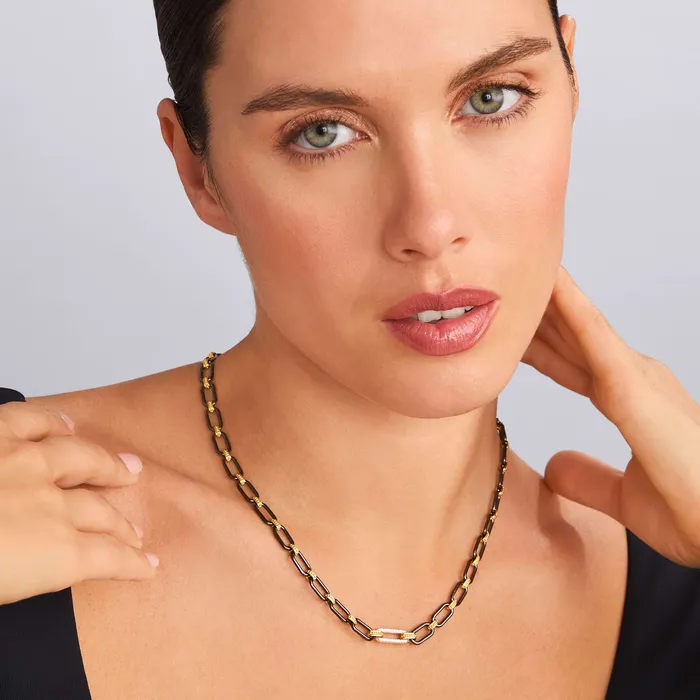 LAGOS Necklaces Signature Caviar 18K Gold and Black Ceramic Diamond Station Link Necklace 6mm