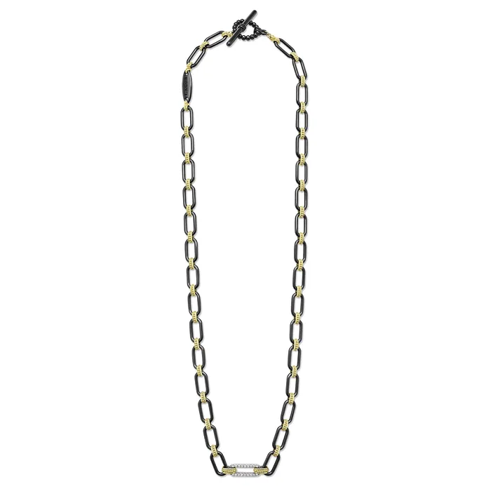 LAGOS Necklaces Signature Caviar 18K Gold and Black Ceramic Diamond Station Link Necklace 6mm