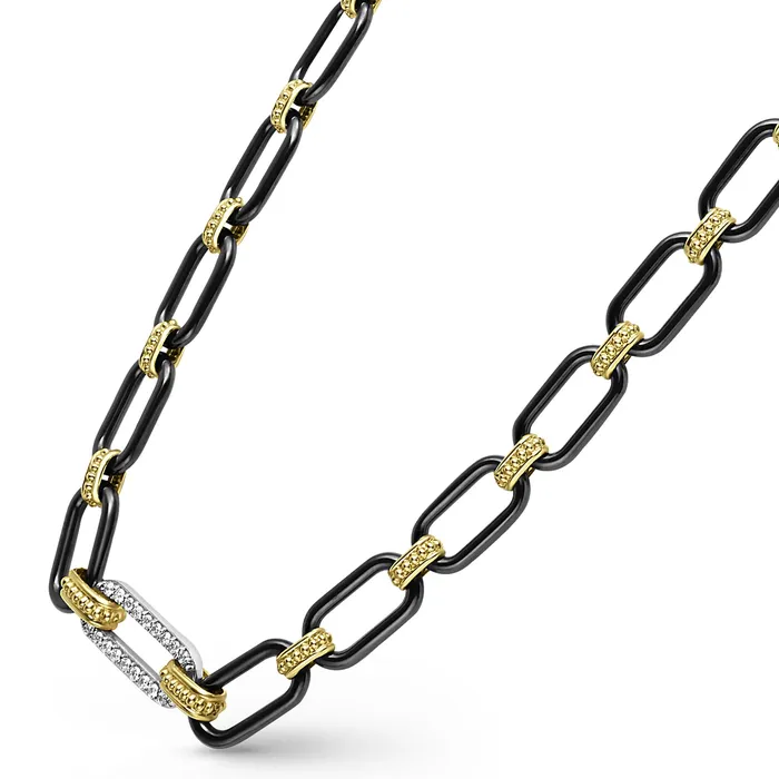 LAGOS Necklaces Signature Caviar 18K Gold and Black Ceramic Diamond Station Link Necklace 6mm