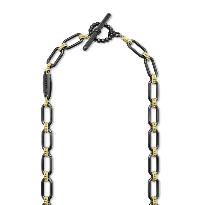 LAGOS Necklaces Signature Caviar 18K Gold and Black Ceramic Diamond Station Link Necklace 6mm