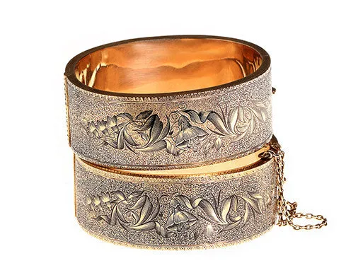 Matched Set of Victorian Gold Enamel Bangles Bell Bird Antiques Earrings