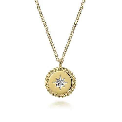 Necklaces 14K Yellow Gold Bujukan Medallion Necklace with Starburst Diamond Center GABRIEL CO Necklaces 14K Yellow Gold Bujukan Medallion Necklace with Starburst Diamond Center GABRIEL CO