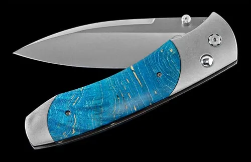 Necklaces WILLIAM HENRY LLC Titanium pocketknife with stainless blade and dyed blue maple burl wood Necklaces WILLIAM HENRY LLC Titanium pocketknife with stainless blade and dyed blue maple burl wood