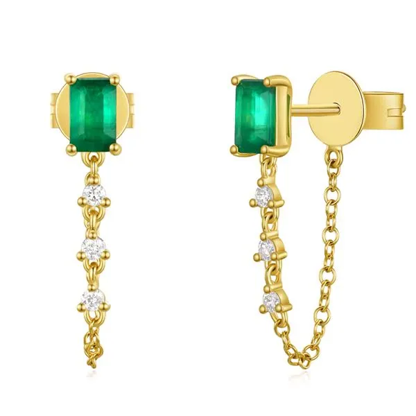 NicoleHD Jewelry Earrings Emerald Cut Emerald With Prong Set Diamond Chain Earring NicoleHD Jewelry Earrings Emerald Cut Emerald With Prong Set Diamond Chain Earring