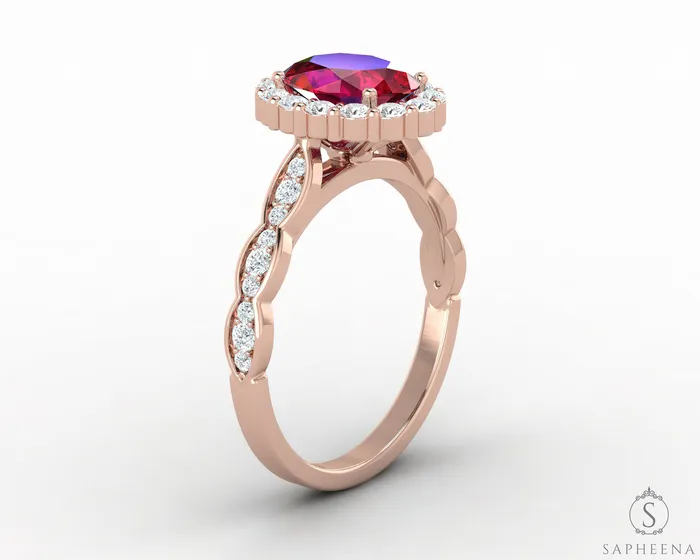 Noya 175 Ct Oval Cut Halo Ruby Engagement Ring with Side Stones Sapheena Jewelry Rings