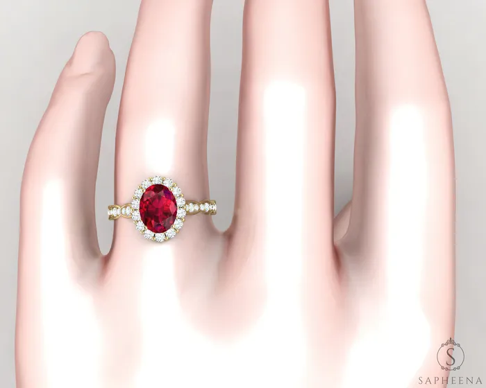 Noya 175 Ct Oval Cut Halo Ruby Engagement Ring with Side Stones Sapheena Jewelry Rings