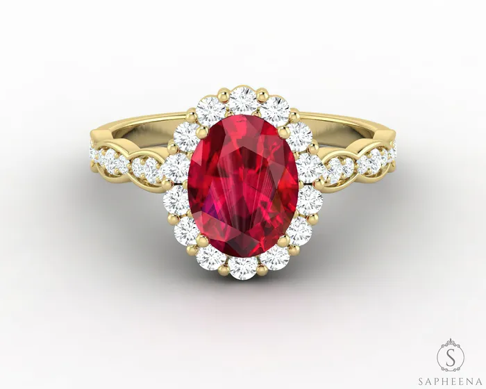 Noya 175 Ct Oval Cut Halo Ruby Engagement Ring with Side Stones Sapheena Jewelry Rings