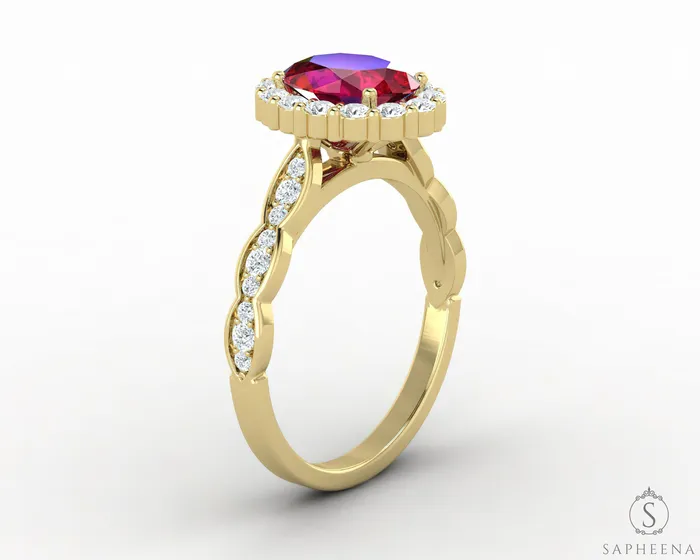 Noya 175 Ct Oval Cut Halo Ruby Engagement Ring with Side Stones Sapheena Jewelry Rings