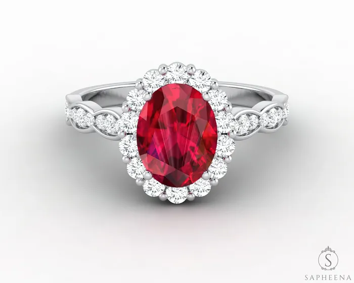 Noya 175 Ct Oval Cut Halo Ruby Engagement Ring with Side Stones Sapheena Jewelry Rings