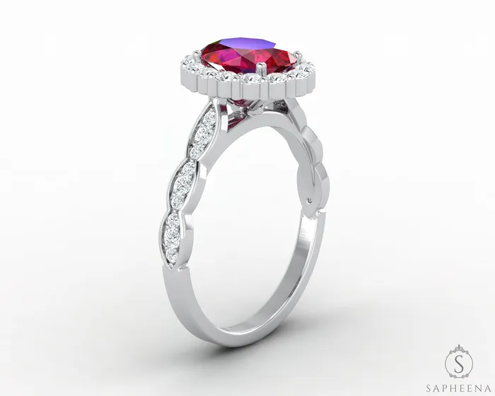 Noya 175 Ct Oval Cut Halo Ruby Engagement Ring with Side Stones Sapheena Jewelry Rings