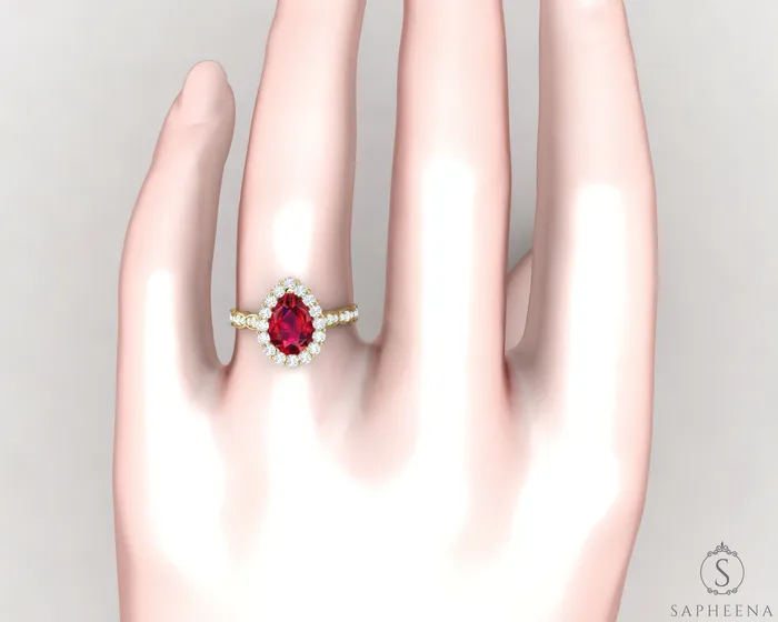 Noya 20 Ct Pear Cut Halo Ruby Engagement Ring with Side Stones Sapheena Jewelry Rings
