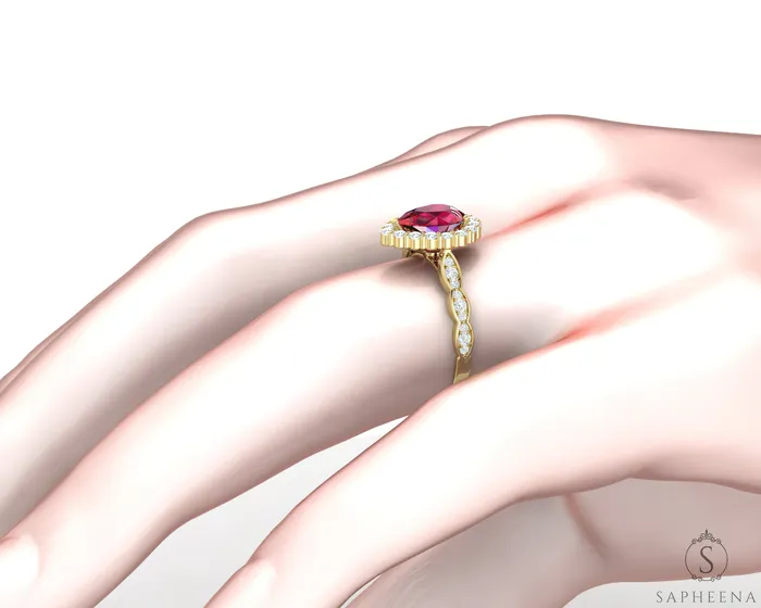 Noya 20 Ct Pear Cut Halo Ruby Engagement Ring with Side Stones Sapheena Jewelry Rings