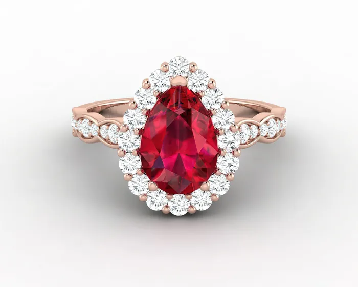 Noya 20 Ct Pear Cut Halo Ruby Engagement Ring with Side Stones Sapheena Jewelry Rings