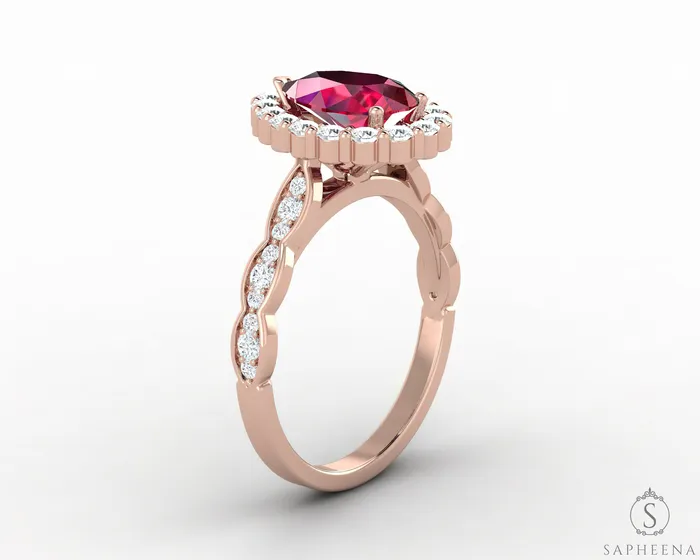 Noya 20 Ct Pear Cut Halo Ruby Engagement Ring with Side Stones Sapheena Jewelry Rings