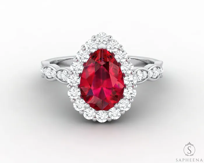 Noya 20 Ct Pear Cut Halo Ruby Engagement Ring with Side Stones Sapheena Jewelry Rings
