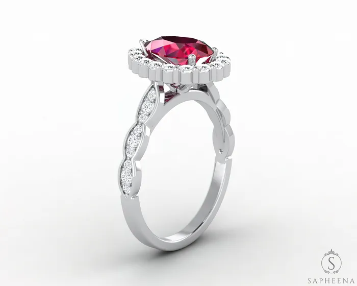 Noya 20 Ct Pear Cut Halo Ruby Engagement Ring with Side Stones Sapheena Jewelry Rings