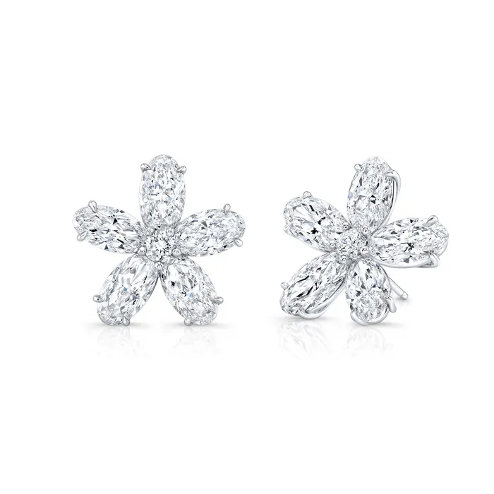 Rahaminov Diamonds Earrings Moval Cut Diamond Flower Stud Earrings