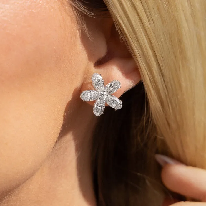 Rahaminov Diamonds Earrings Moval Cut Diamond Flower Stud Earrings
