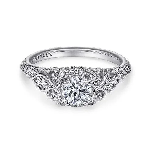 Rings Abel Unique 14K White Gold Vintage Inspired Diamond Halo Engagement Ring Setting Only GABRIEL CO Rings Abel Unique 14K White Gold Vintage Inspired Diamond Halo Engagement Ring Setting Only GABRIEL CO