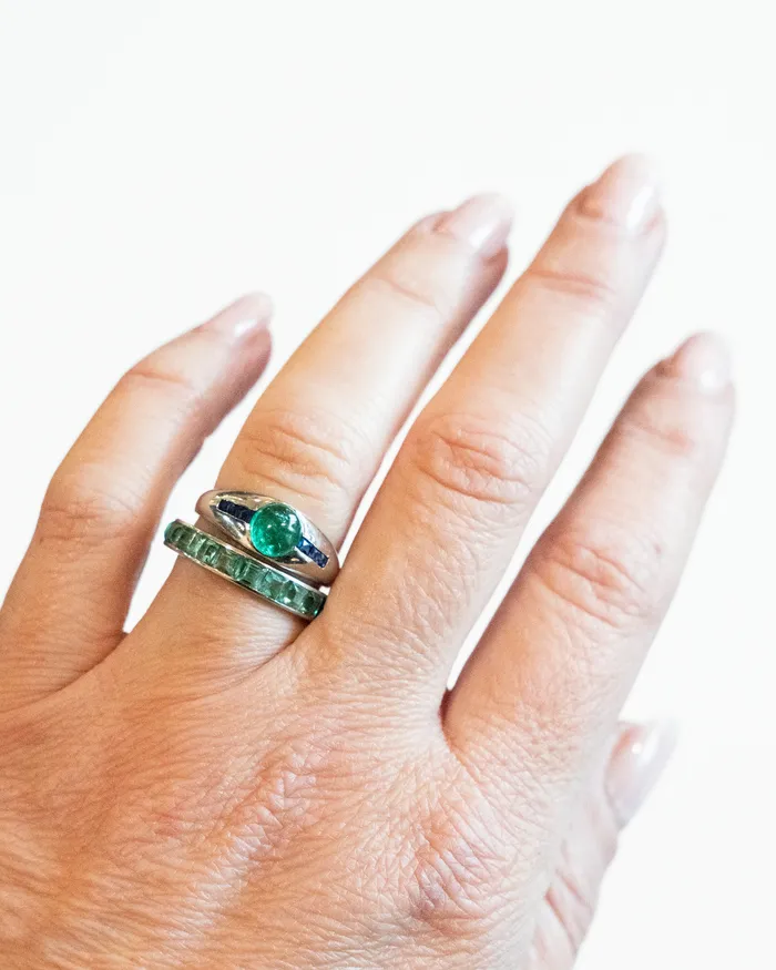 Rings Bell Bird Antiques Early 20th Century French Cut Emerald Platinum Eternity Band