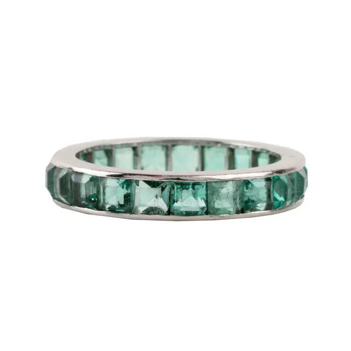 Rings Bell Bird Antiques Early 20th Century French Cut Emerald Platinum Eternity Band