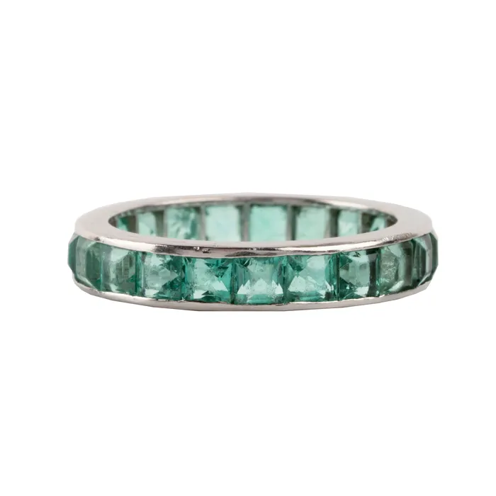Rings Bell Bird Antiques Early 20th Century French Cut Emerald Platinum Eternity Band