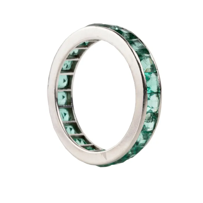 Rings Bell Bird Antiques Early 20th Century French Cut Emerald Platinum Eternity Band