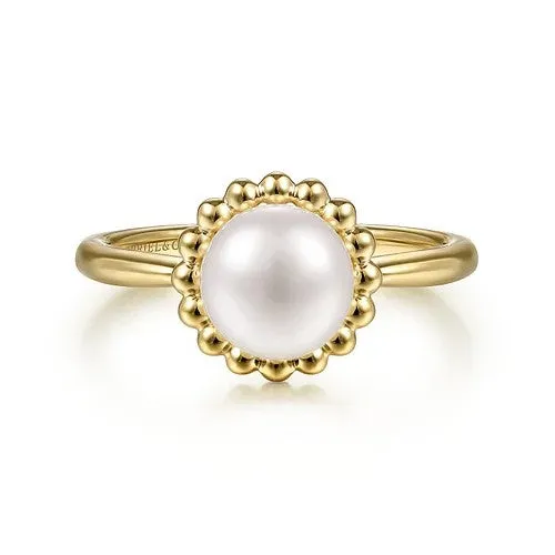 Rings GABRIEL CO 14K Yellow Gold Pearl Ring with Bujukan Beaded Halo
