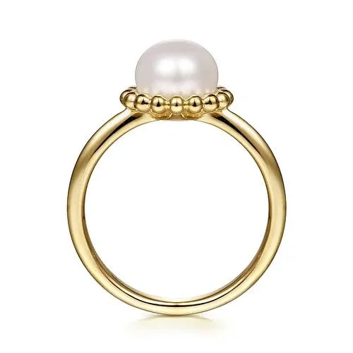 Rings GABRIEL CO 14K Yellow Gold Pearl Ring with Bujukan Beaded Halo