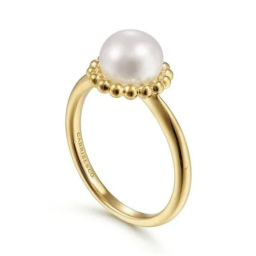 Rings GABRIEL CO 14K Yellow Gold Pearl Ring with Bujukan Beaded Halo